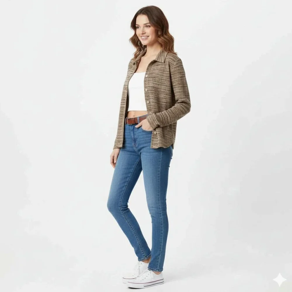 CHICO'S Multi Brown Striped Look Casual Button Down Shirt Blouse Size 1/M - Picture 2 of 4